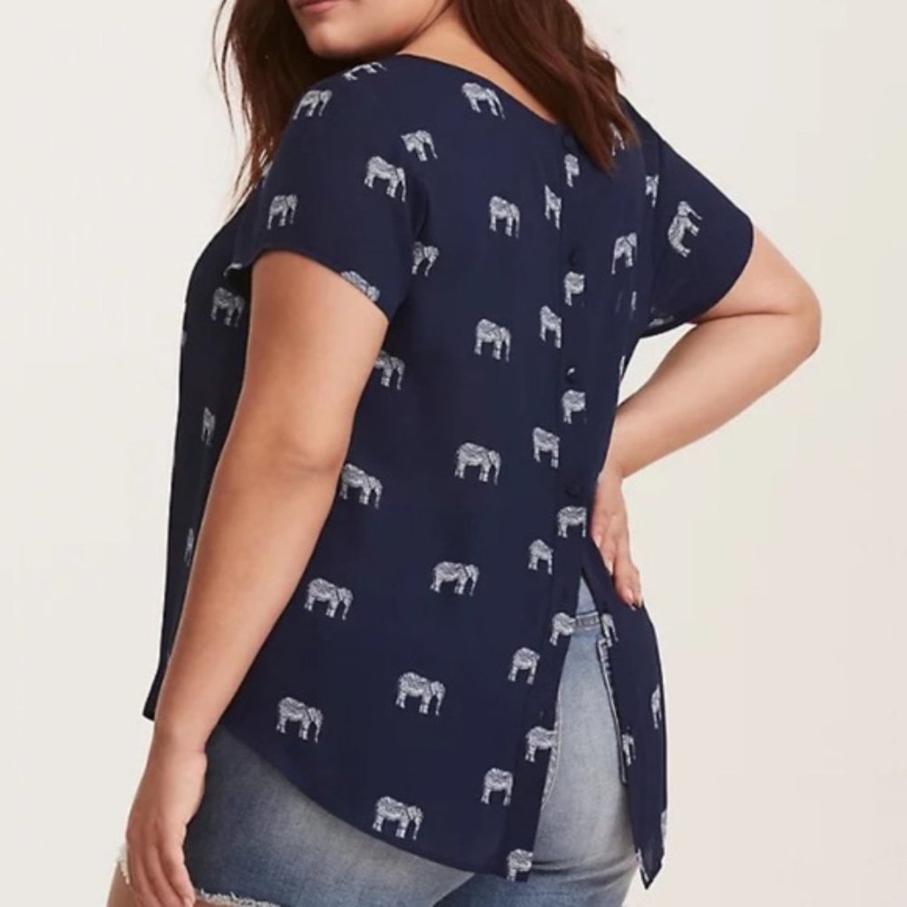 Torrid Navy Georgette Button Back Elephant Print Blouse - 2X